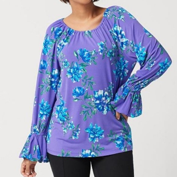 Susan Graver Tops - Susan Graver Printed Liquid Knit Peasant Top 3237